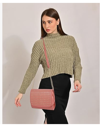 women girls laser cut crossbody sling bag with gold chain rose