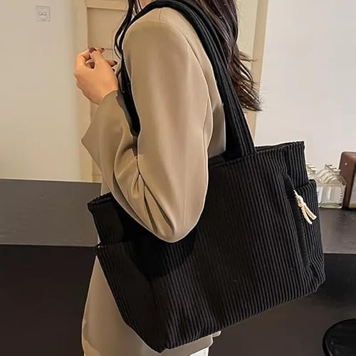 Korean Tote Bag Aesthetic Corduroy Canvas Handbag for Women h-black