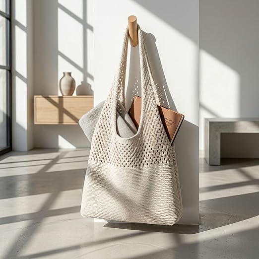 Crochet Tote Bag for Women – Large Knitted Diamond Cut Design Shoulder Handbag for Travel white