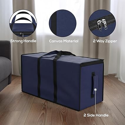 Multi-Purpose Heavy Duty Moisture Proof 81 Litres Canvas Super-Size Jumbo Underbed Storage Bag/Toys/Blankets/Stationery Paper/Clothes Storage Bag (87x26x36 cm),Navy Blue