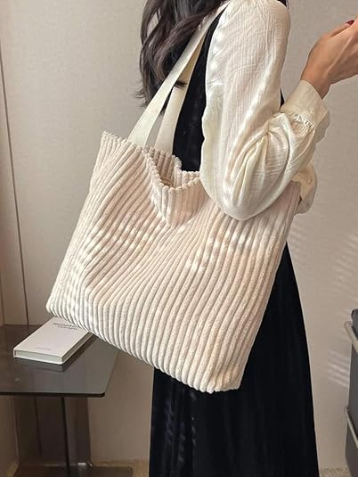 Korean Tote Bag Aesthetic Corduroy Canvas Handbag for Women white