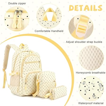 Fashion Backpack Set for Girls, Polka Dot School Backpack white