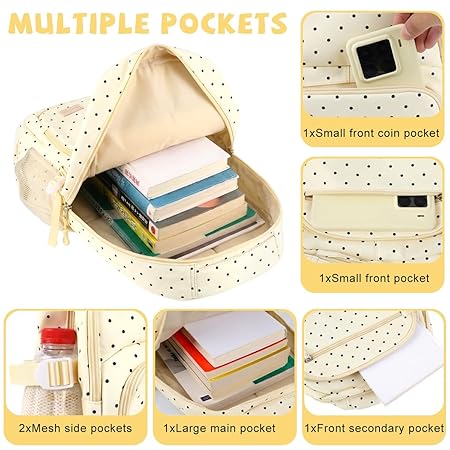 Fashion Backpack Set for Girls, Polka Dot School Backpack white