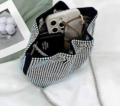 Crystal Clutch For Women Drawstring Crossbody Sling Bags with Chain Stylish Potli Bags Ladies white
