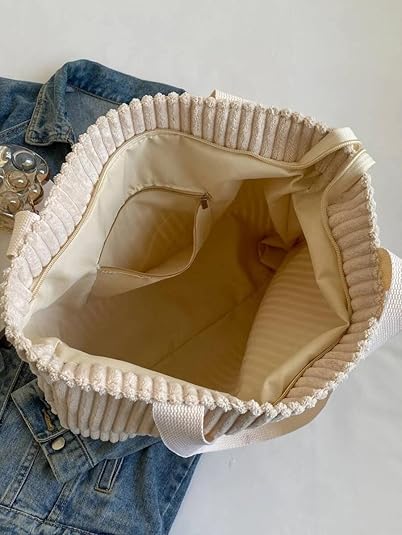 Korean Tote Bag Aesthetic Corduroy Canvas Handbag for Women white