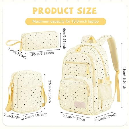 Fashion Backpack Set for Girls, Polka Dot School Backpack white