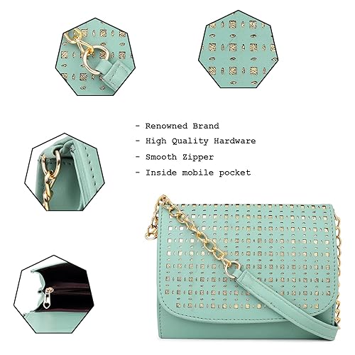women girls laser cut crossbody sling bag with gold chain litte green