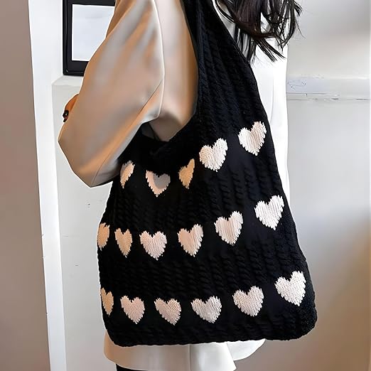 Cotton Knitted Heart Pattern Tote Bag for Women black