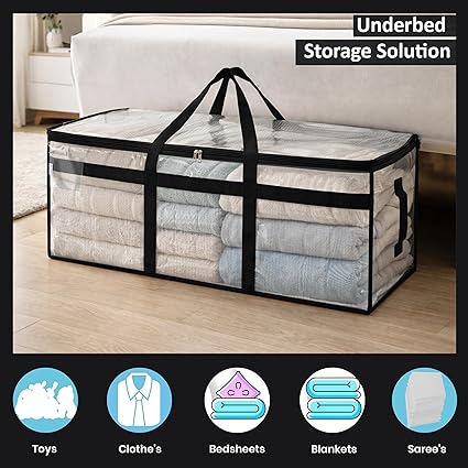 Moisture Proof 80 Litres Transparent Super-Size Jumbo Underbed Storage Bag/Toys/Blankets/Stationery Paper/Clothes Storage Bag (84x26x37 cm)