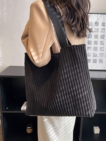 Korean Tote Bag Aesthetic Corduroy Canvas Handbag for Women black