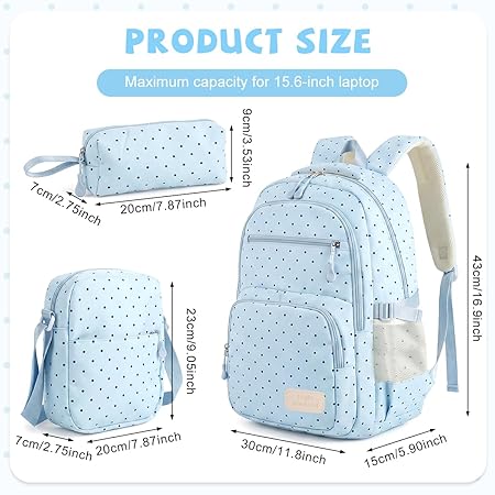 Fashion Backpack Set for Girls, Polka Dot School Backpack  lite blue