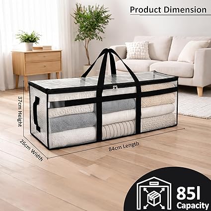 Moisture Proof 80 Litres Transparent Super-Size Jumbo Underbed Storage Bag/Toys/Blankets/Stationery Paper/Clothes Storage Bag (84x26x37 cm)