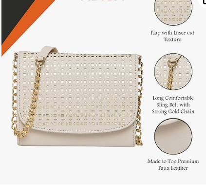 women girls laser cut crossbody sling bag with gold chain beige