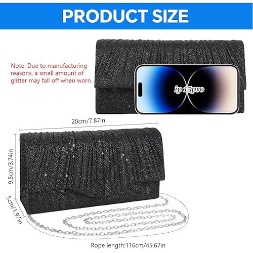 Glitter Purse Bag for Women With Removable Chain, Handbag Sling for Women black