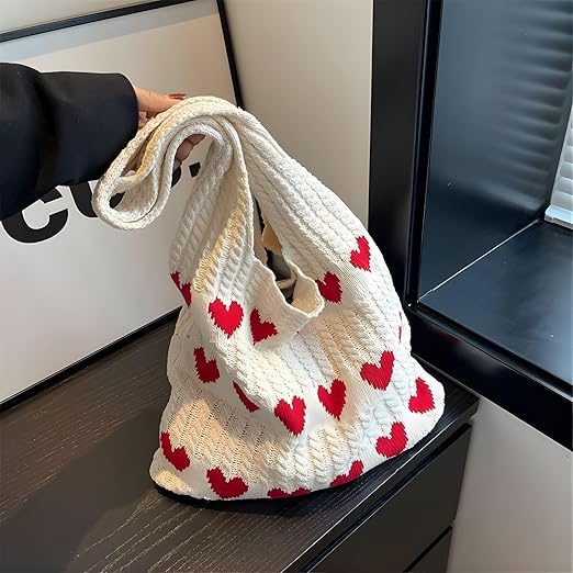 Cotton Knitted Heart Pattern Tote Bag for Women white