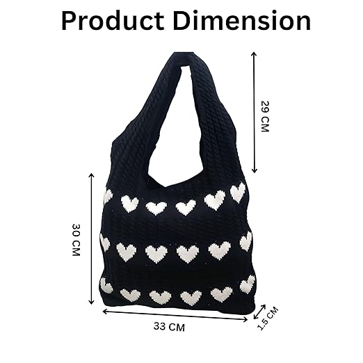 Cotton Knitted Heart Pattern Tote Bag for Women black