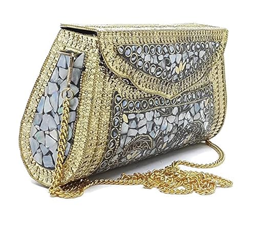 Trend Overseas Women's Golden Shell Nacre Stone Ethnic Clutch Antique Purse Mosaic Bag
