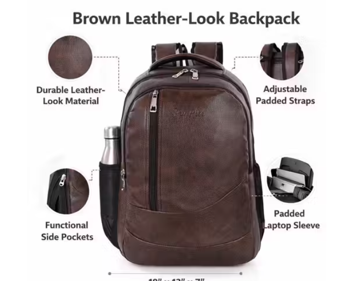 Durable Leather-Look Laptop Backpack with Side Pockets