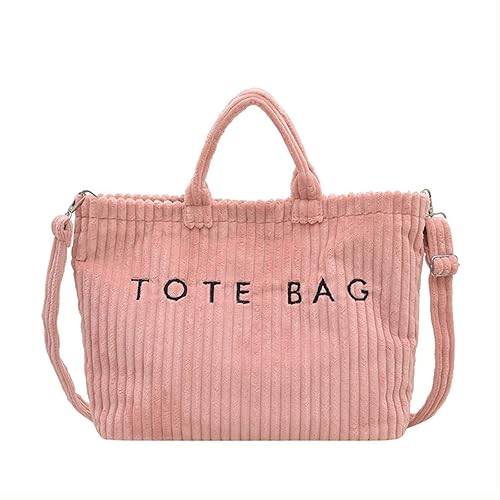 Korean Tote Bag Aesthetic Corduroy Canvas Handbag for Women Zipper Casual Large Capacity Shoulder Bag pink