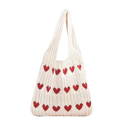 Cotton Knitted Heart Pattern Tote Bag for Women white